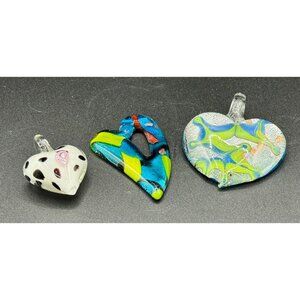 Set of Three Heart Shaped Glass Lampwork Dichroic Green Blue White Pendants